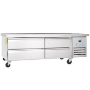 A large Empura refrigeration stainless steel refrigerated stand with six drawers, four wheels, and a vented panel with the Empura logo on the right side. This clean refrigerated equipment stand is designed for kitchen or restaurant use.