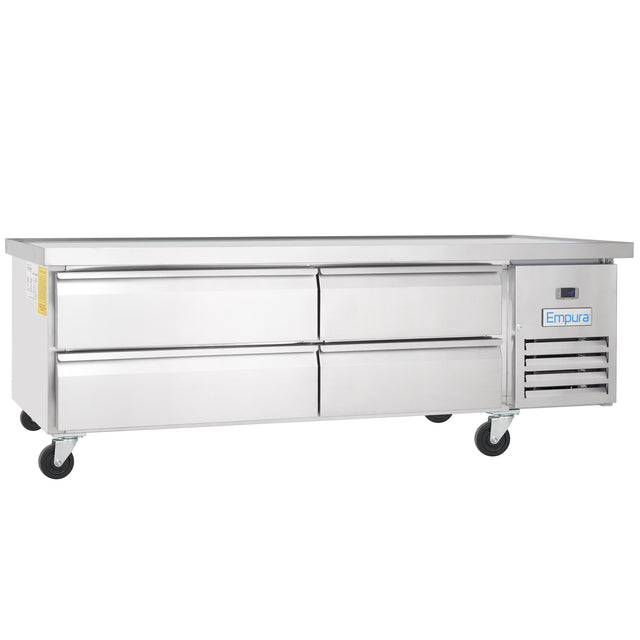 A large Empura refrigeration stainless steel refrigerated stand with six drawers, four wheels, and a vented panel with the Empura logo on the right side. This clean refrigerated equipment stand is designed for kitchen or restaurant use.