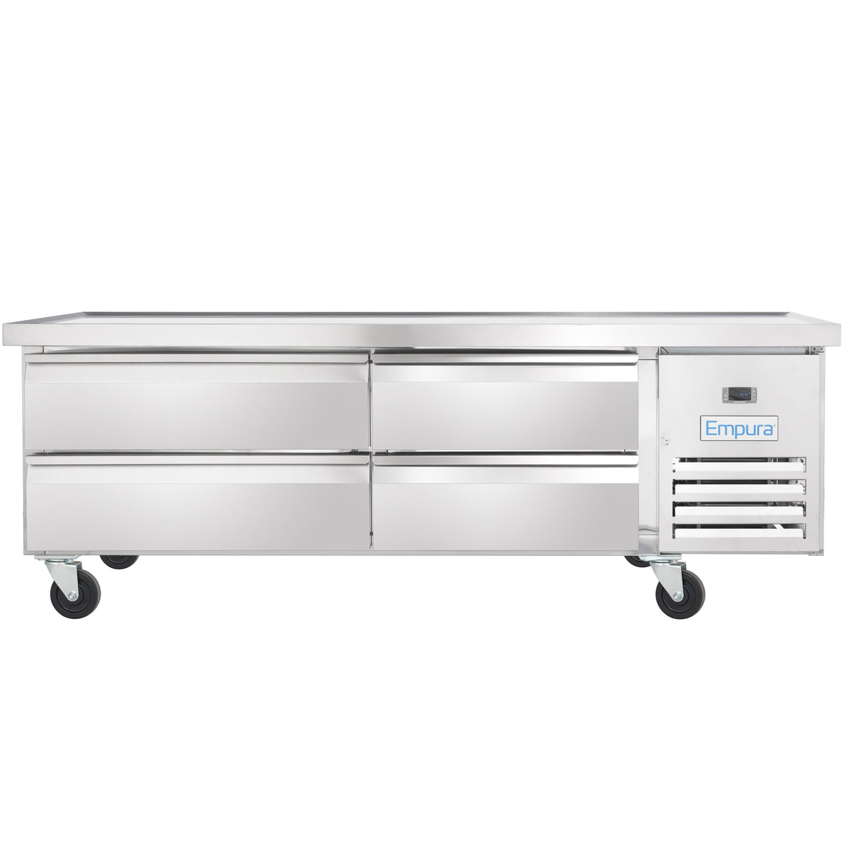 A stainless steel Empura refrigeration stand with four pull-out drawers, ventilation grates, and casters for mobility; the control panel and Empura logo are visible on the right side. The design is sleek and industrial, ideal for professional kitchens.