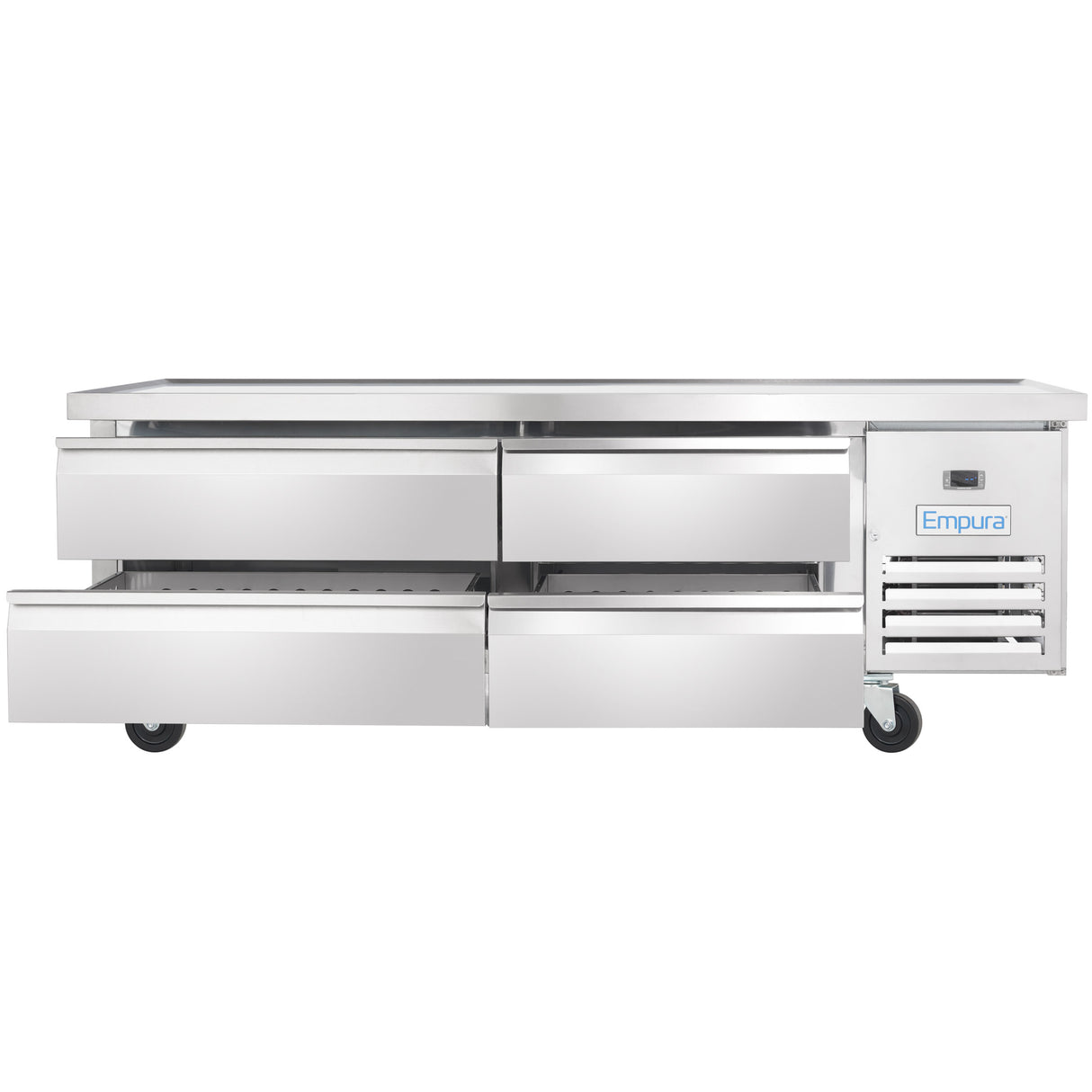 A commercial Empura refrigeration stainless steel refrigerated equipment stand with four pull-out drawers, wheels for mobility, a flat top surface, and a ventilation panel on the lower right displaying the Empura brand name.