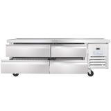 A commercial Empura refrigeration stainless steel refrigerated equipment stand with four pull-out drawers, wheels for mobility, a flat top surface, and a ventilation panel on the lower right displaying the Empura brand name.
