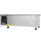 A large, rectangular stainless steel refrigerated stand by Empura refrigeration sits on four caster wheels, with a visible compressor and ventilation area on the left side. The front features safety and information labels, and the flat metallic top includes a power cord.