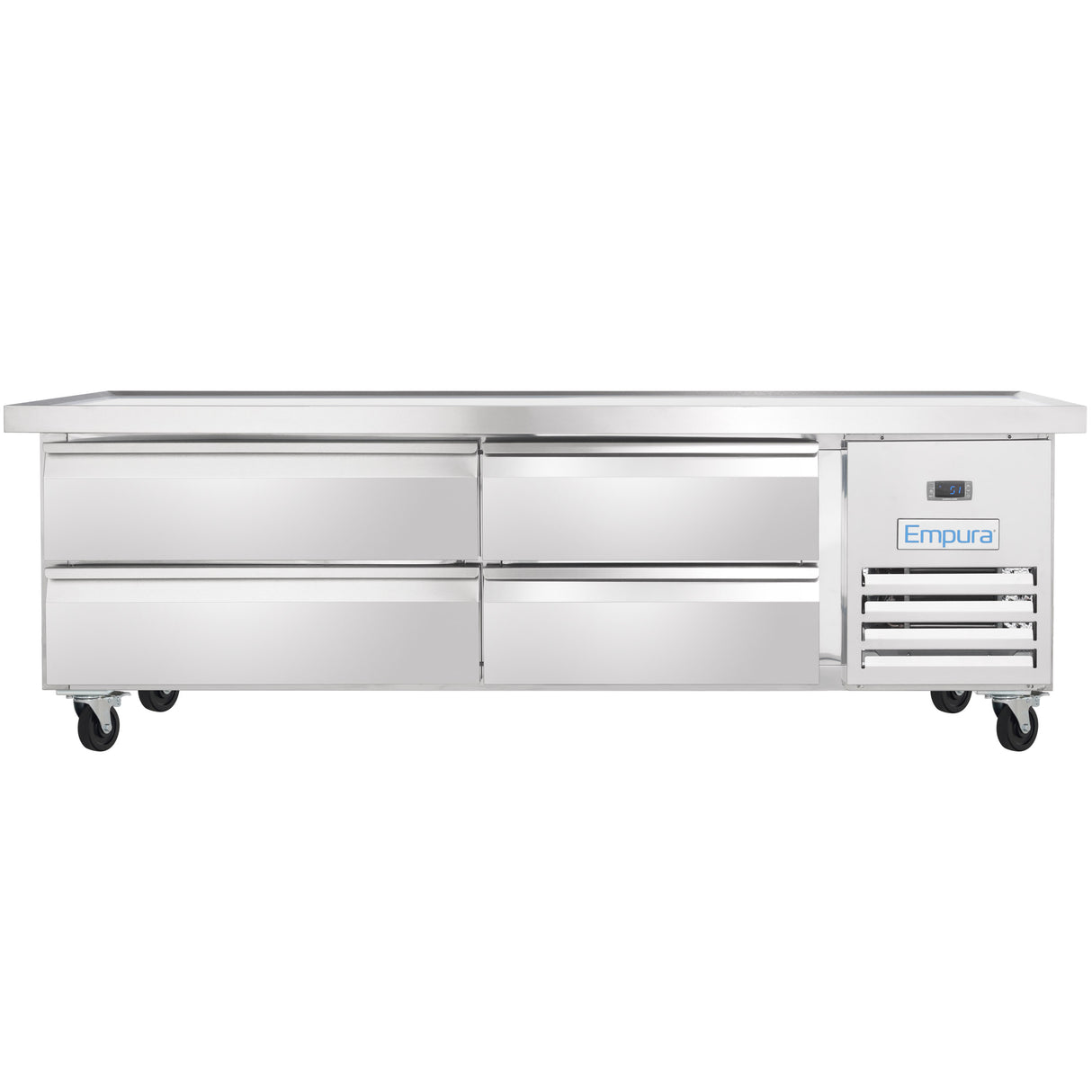 A commercial stainless steel refrigerated equipment stand with four pull-out drawers, an Empura refrigeration logo, a small digital display, and ventilation grilles on the right, all set on black caster wheels against a white background.
