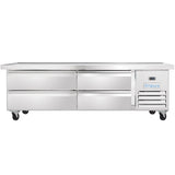 A commercial stainless steel refrigerated equipment stand with four pull-out drawers, an Empura refrigeration logo, a small digital display, and ventilation grilles on the right, all set on black caster wheels against a white background.