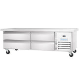 A commercial stainless steel refrigerated prep table with four horizontal drawers, ventilation grilles, wheels for mobility, and an Empura refrigeration logo above the cooling unit. The smooth top surface is ideal for food prep on this reliable refrigerated equipment stand.