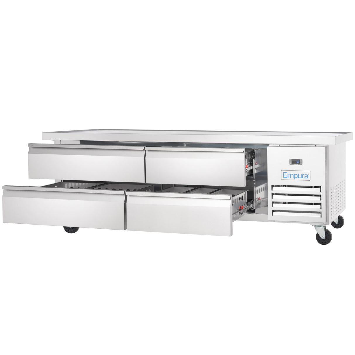 A commercial stainless steel Empura refrigeration chef base with four pull-out drawers, ventilation grilles on the right, and mounted on wheels. This refrigerated equipment stand is designed for efficient use in any kitchen setting.