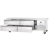 A commercial stainless steel Empura refrigeration chef base with four pull-out drawers, ventilation grilles on the right, and mounted on wheels. This refrigerated equipment stand is designed for efficient use in any kitchen setting.