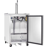 A stainless steel exterior direct draw beer dispenser kegerator features a tap tower, open door showing empty metal interior with hoses and temperature display. It sits on four caster wheels for mobility. No keg or beer is present inside.