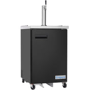 A black commercial keg cooler on wheels with a single tap Direct Draw Beer Dispenser on top. The front door has a handle and an “Empura” logo at the bottom. Features a stainless steel top and ventilation grate, showcasing Empura Refrigeration quality.