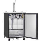 A black and silver Empura Refrigeration keg cooler with its door open, displaying an empty interior with beer lines, temperature display, dual faucets on top, and four wheels at the base. The Direct Draw Beer Dispenser inside is clean and ready to hold kegs.