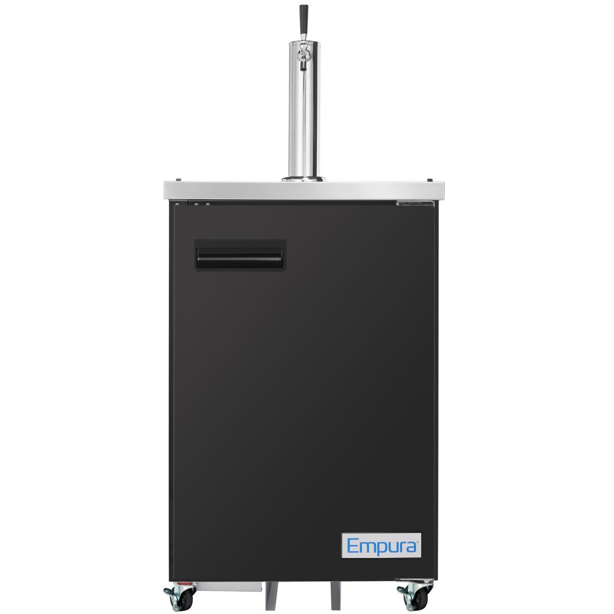 A black Empura Direct Draw Beer Dispenser on wheels, featuring a stainless steel top, vertical draft beer tap, and rectangular door handle. The keg cooler sports a blue Empura logo at the bottom right and is set against a white background.