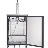 A stainless steel Empura Refrigeration vertical smoker or curing chamber with a transparent right-opening door reveals interior shelves, a hanging cord, and metal hose. Control buttons and a digital display are inside the top; four wheels are at the base.
