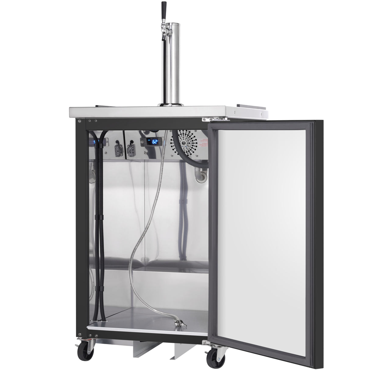 A stainless steel keg cooler Direct Draw Beer Dispenser with its front door open reveals an empty interior, a metal shelf, cooling fan, beer tap hose, and keg connectors. The tall chrome draft beer tap up top and four caster wheels ensure mobility.