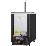 A commercial Empura Refrigeration keg cooler on wheels, this Direct Draw Beer Dispenser features a visible back panel exposing wires, a power cord, and cooling components. A yellow triangle "C5H10" warning label is attached. The top has a metal draft tower.