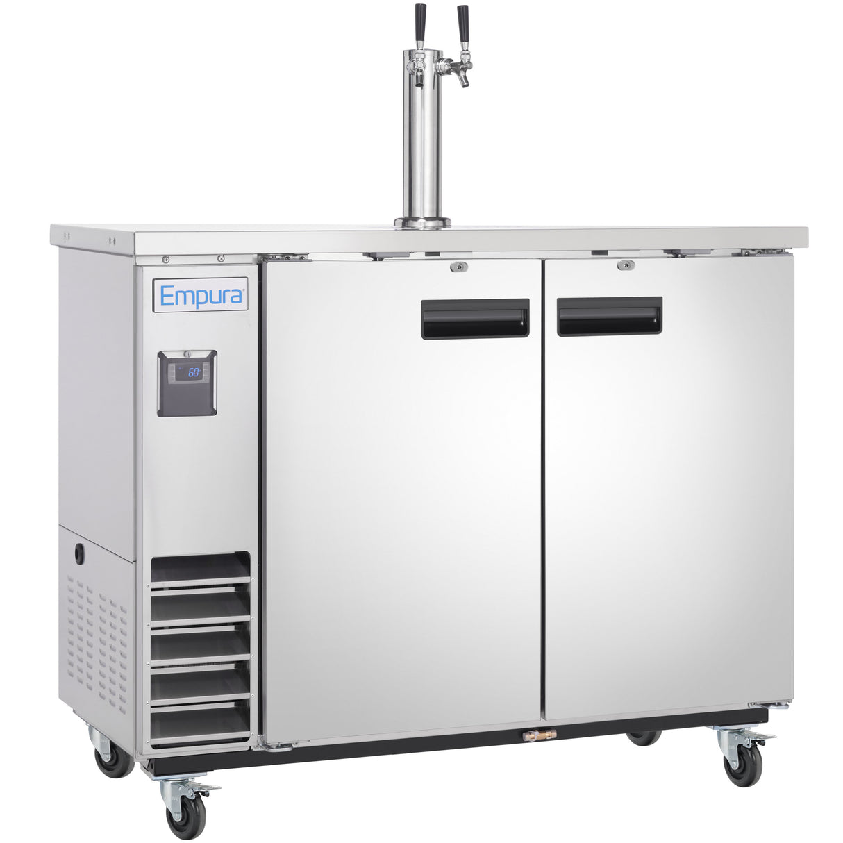 A stainless steel commercial direct draw beer dispenser with two side-by-side doors, a digital temperature control panel on the left, a dual tap tower on top, and four caster wheels for mobility. The Empura brand name is visible on the front.