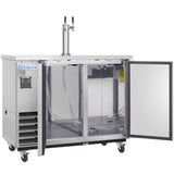 A stainless steel beer dispenser on wheels, featuring a dual tap tower. The front door is open, exposing the empty interior with beer lines and couplers. The brand “Empura” is visible on the left front panel.