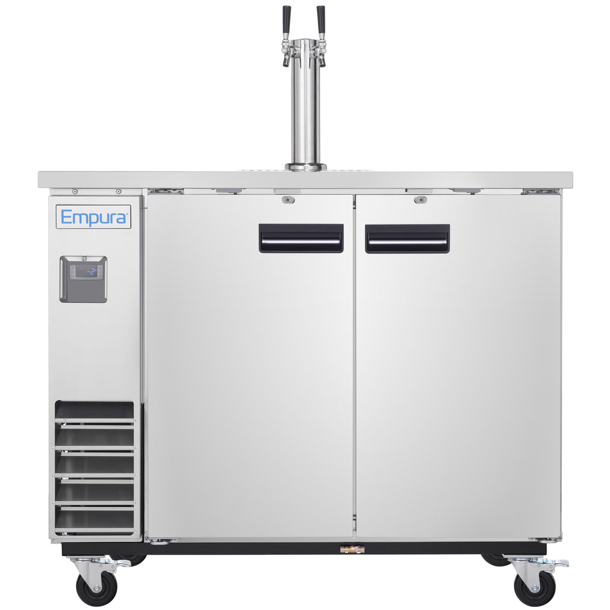 A stainless steel Empura commercial keg cooler with a dual tap tower, two black-handled doors, a digital display on the left, ventilation grates, and four caster wheels. The unit has a sleek, industrial appearance—ideal as a direct draw beer dispenser.