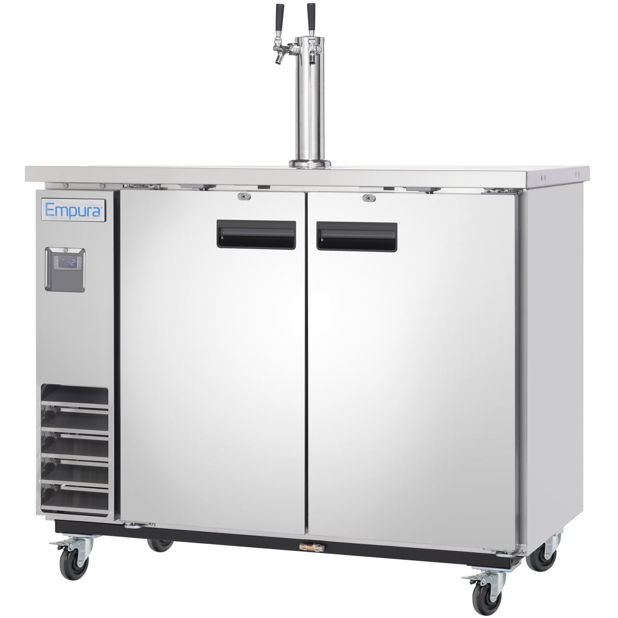 A stainless steel Empura commercial keg cooler features a dual tap tower direct draw beer dispenser on top, two doors on locking wheels, a digital display panel on the left, and ventilation grates below.