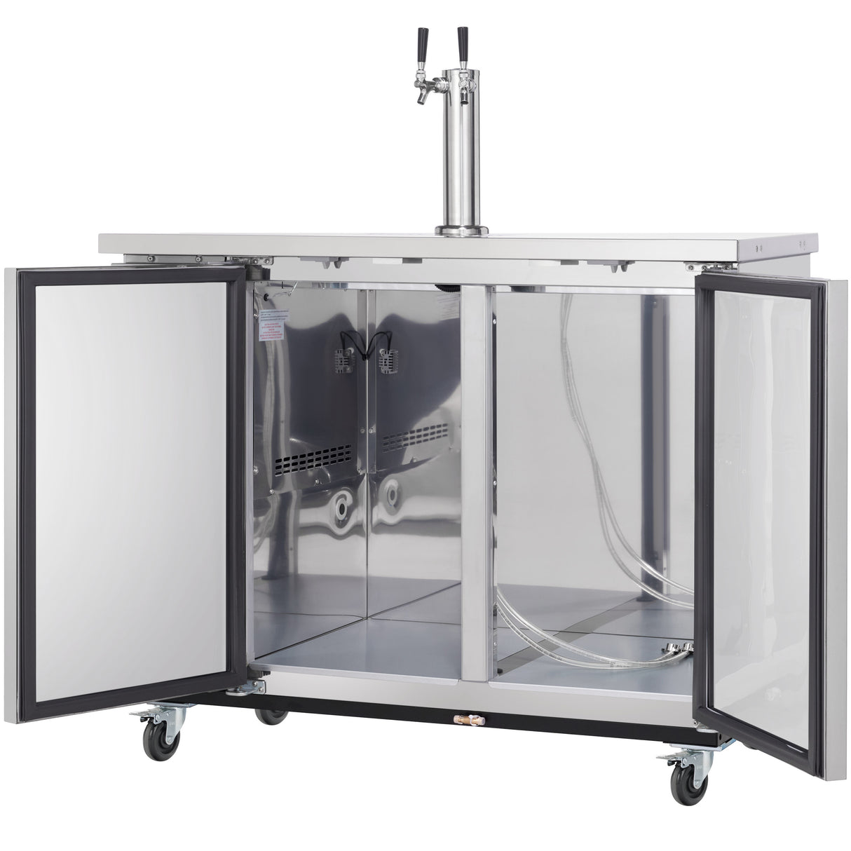A commercial keg cooler with double doors open reveals an empty, clean interior with shelves and tubing. This Direct draw beer dispenser features a dual tap tower on top and sits on four caster wheels for easy mobility, ready for kegs.