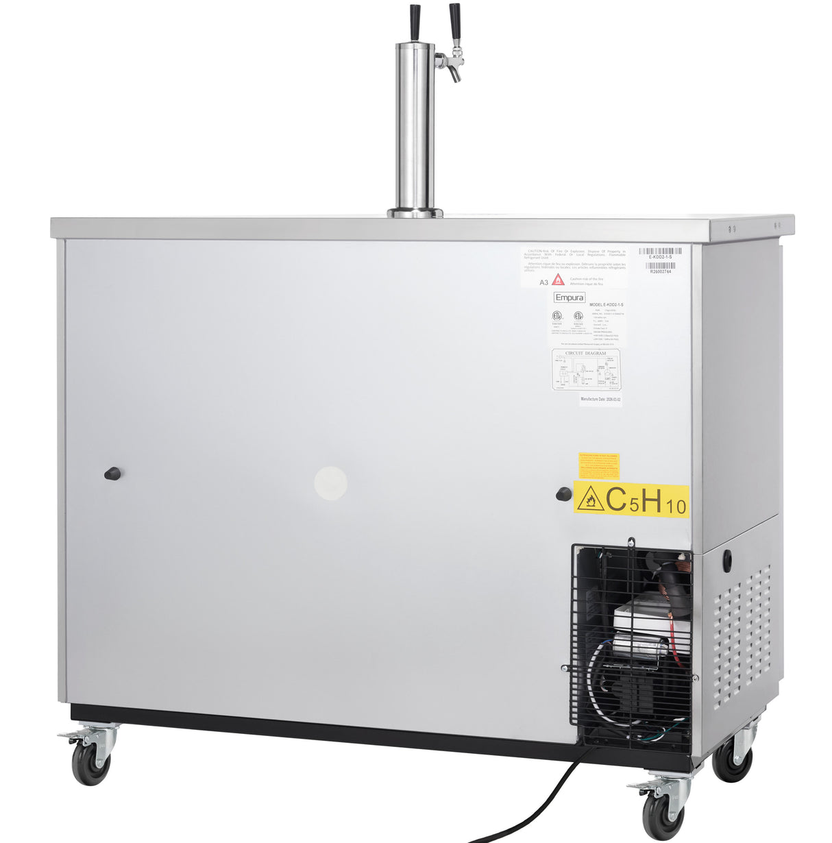 A large, stainless steel beer dispenser featuring a dual tap tower, visible compressor coils and fan on the lower right, warning labels, and four caster wheels for mobility.