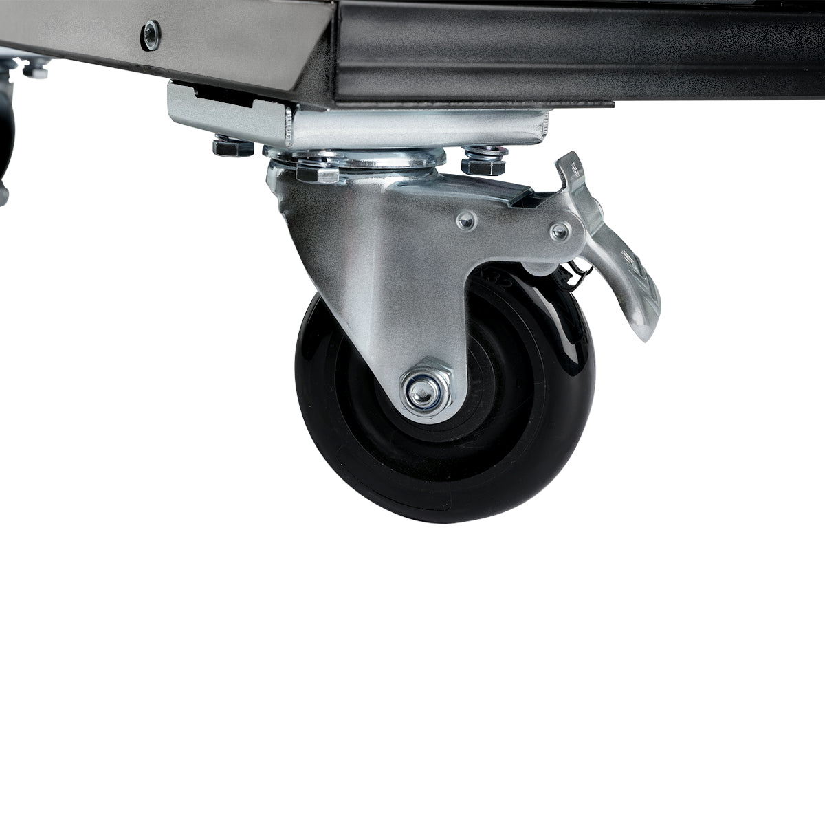 Close-up of a black swivel caster wheel with a metal bracket and foot-operated locking mechanism, attached to the bottom corner of a beer dispenser cart with dual tap tower, shown against a plain white background.