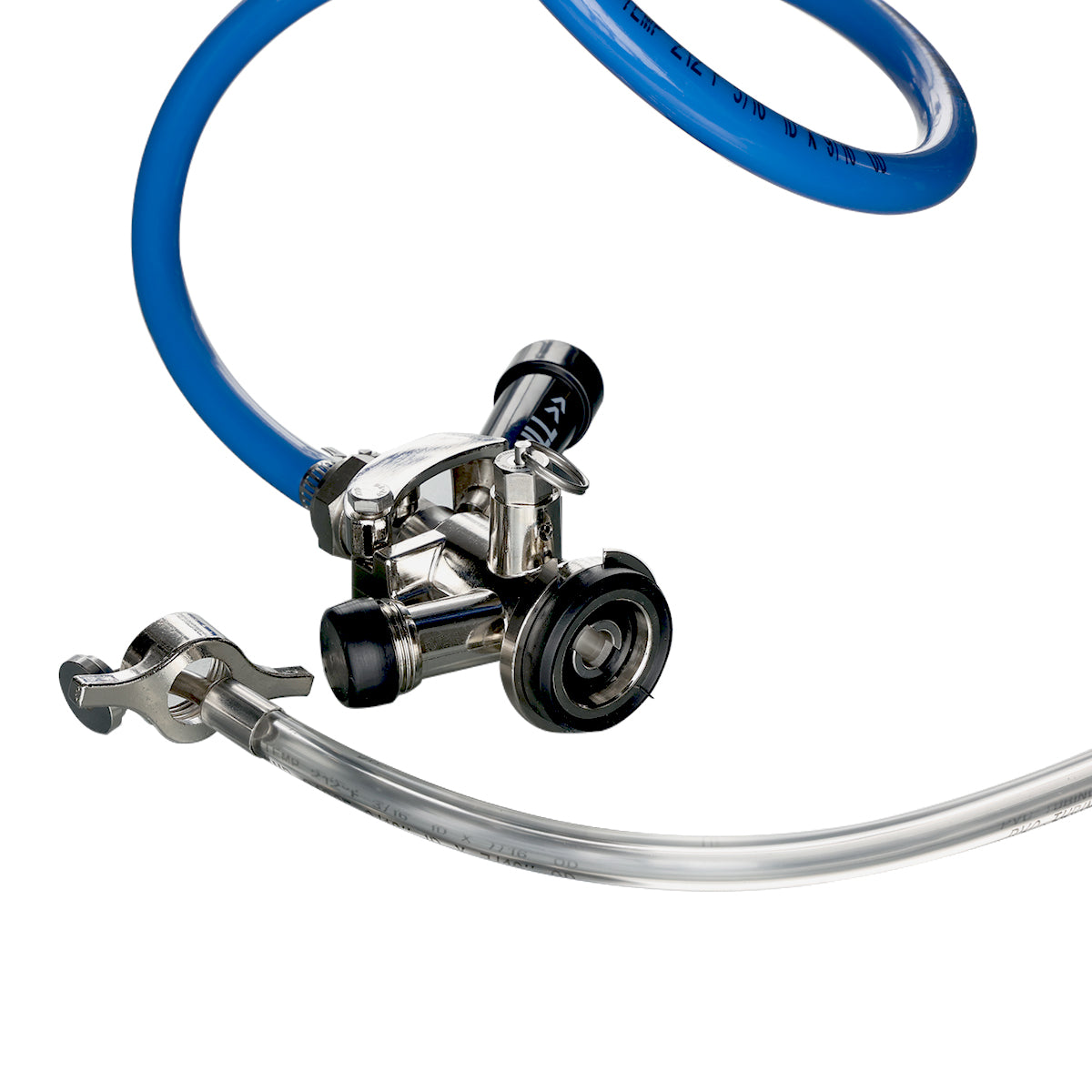 A close-up of a keg coupler with attached blue and clear hoses, essential for a dual tap tower or beer dispenser. The metal coupler features a black plastic handle and locking mechanism, with tubes used for direct draw beverage dispensing, against a white background.