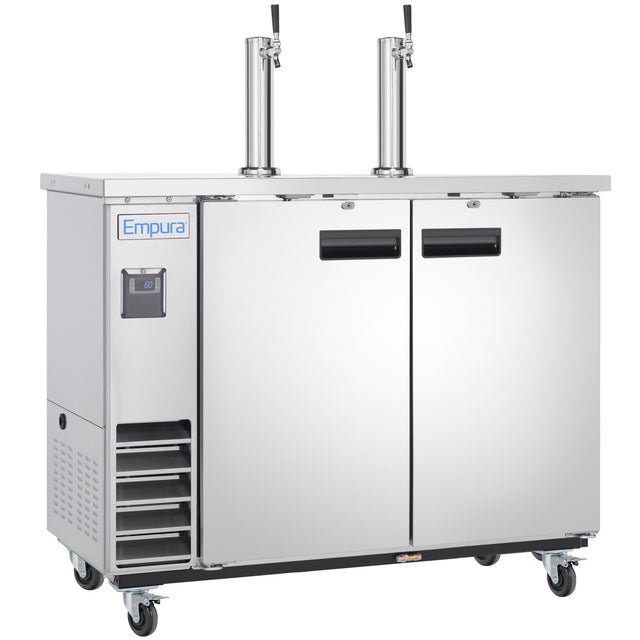 A modern stainless steel Empura Direct Draw Beer Dispenser with two doors, dual beer taps, and a digital control panel. This commercial kegerator features durable wheels, left-side ventilation grates, and a reflective finish from Empura Refrigeration.