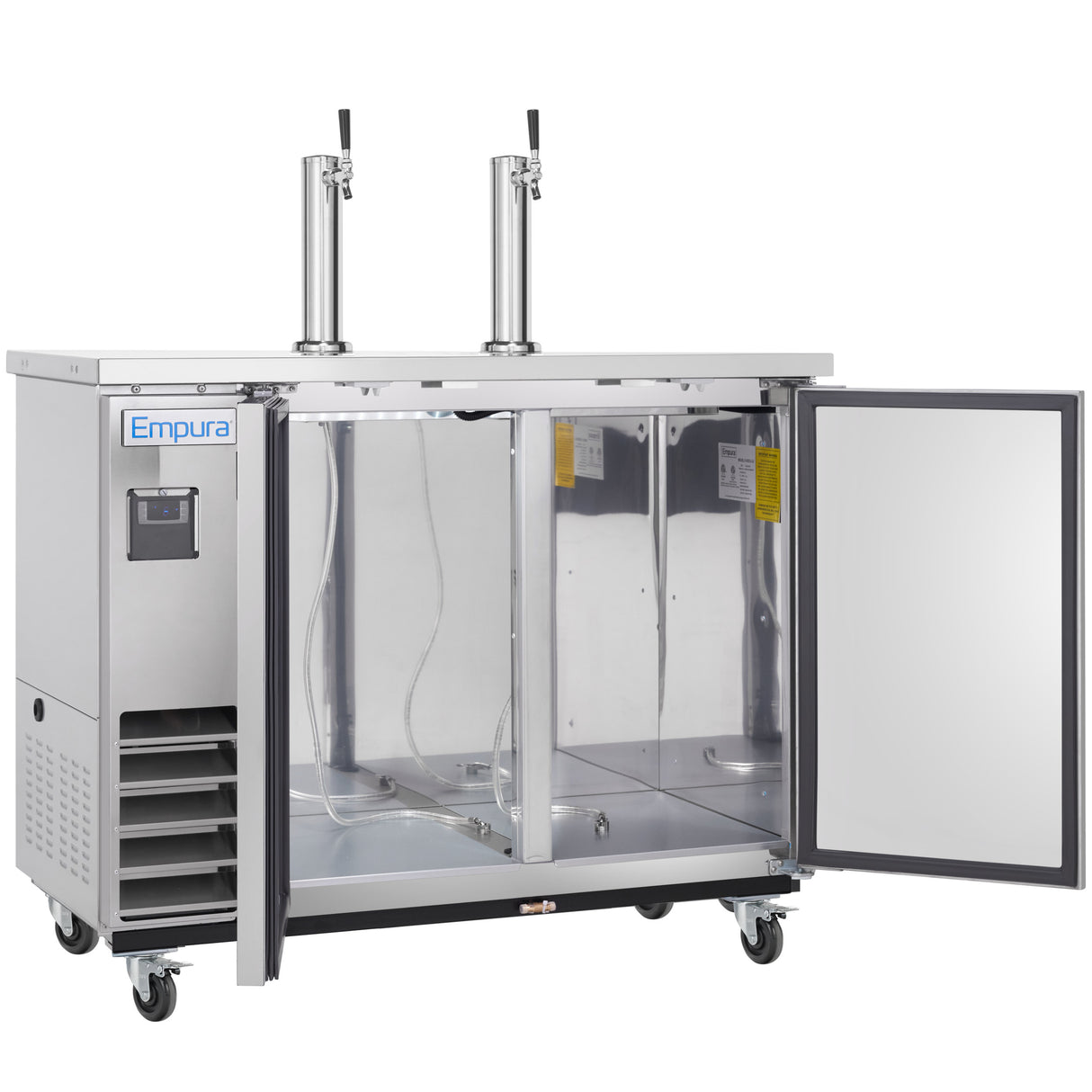 A stainless steel Empura Refrigeration Direct Draw Beer Dispenser with two draft taps on top and an open door revealing an empty keg-ready interior. The unit features wheels for mobility and a side-mounted ventilation panel.