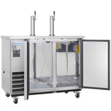 A stainless steel Empura Refrigeration Direct Draw Beer Dispenser with two draft taps on top and an open door revealing an empty keg-ready interior. The unit features wheels for mobility and a side-mounted ventilation panel.