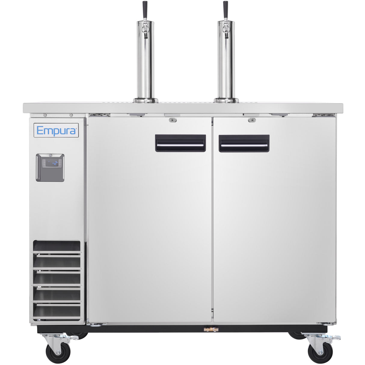 A stainless steel Empura Direct Draw Beer Dispenser with two tall beer tap towers, double doors with black handles, a vented cooling unit on the left, and four wheels for mobility. The Empura Refrigeration logo is visible on the upper left.