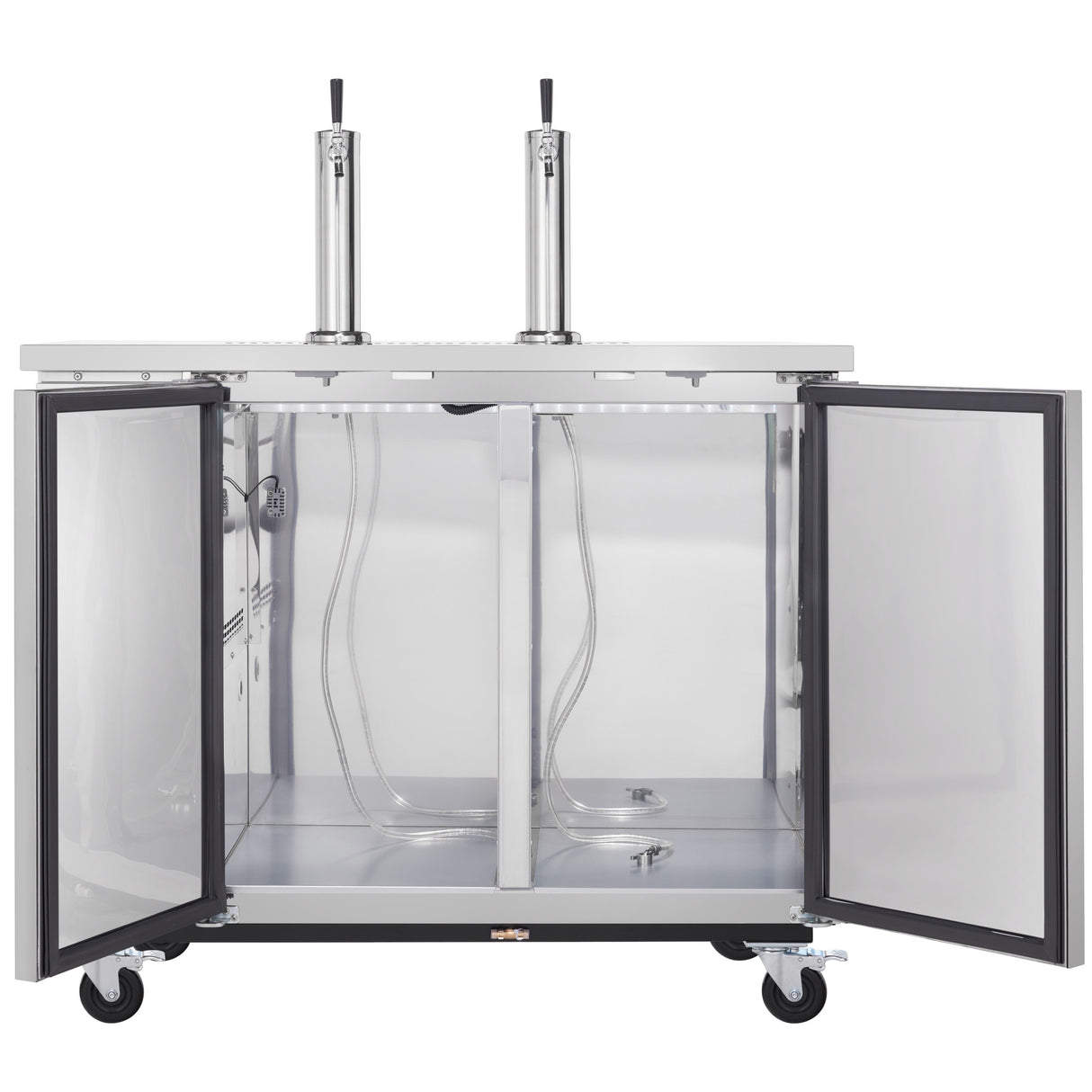 An Empura Refrigeration Direct Draw Beer Dispenser with two front doors open reveals an empty interior with metal tubes and hoses connected to tap towers. This stainless steel beer dispenser sits on four black caster wheels for easy mobility.