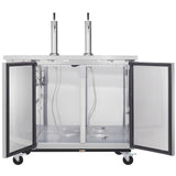 An Empura Refrigeration Direct Draw Beer Dispenser with two front doors open reveals an empty interior with metal tubes and hoses connected to tap towers. This stainless steel beer dispenser sits on four black caster wheels for easy mobility.