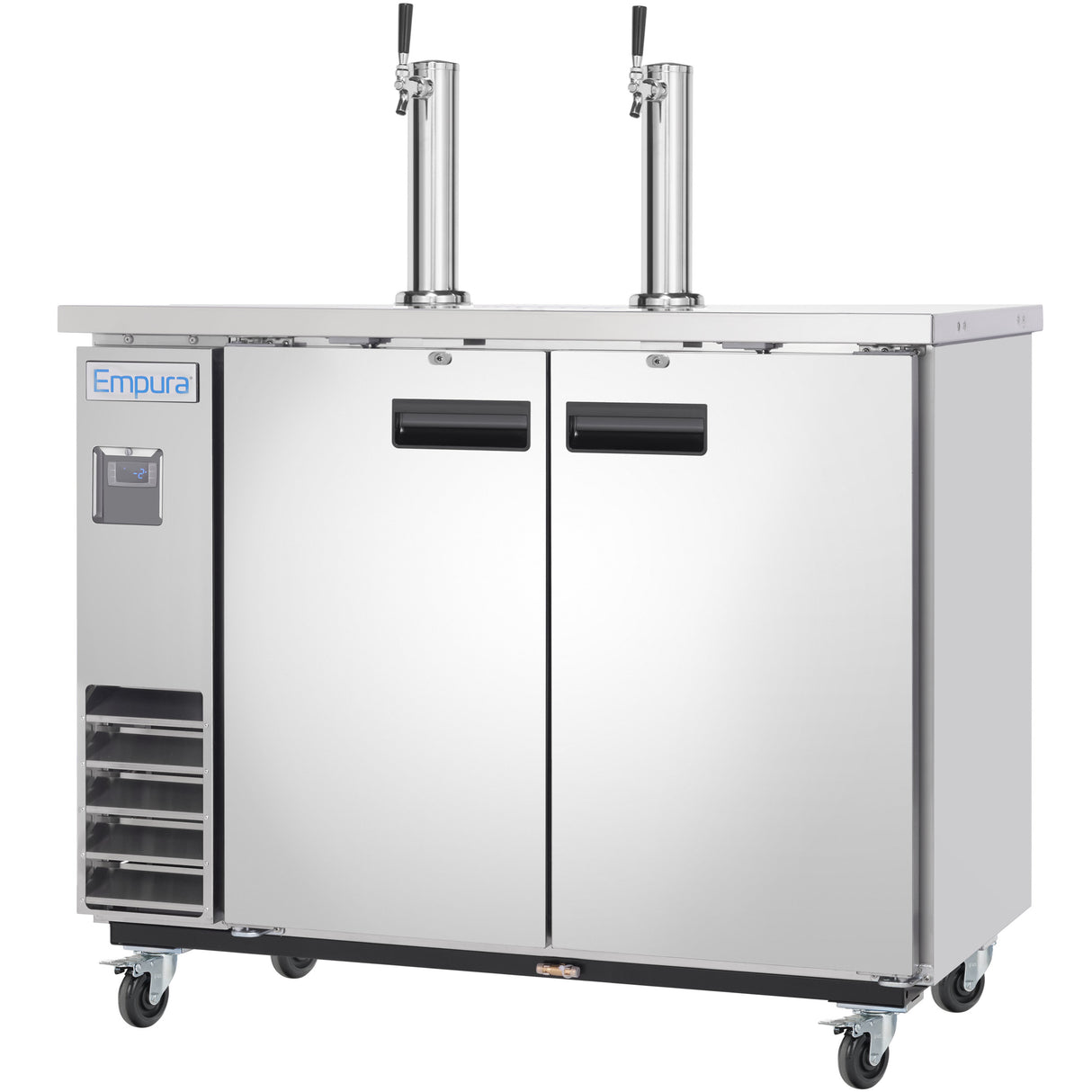 A stainless steel Empura Refrigeration commercial Direct Draw Beer Dispenser with two doors, black handles, dual vertical tap towers, and four caster wheels. The left side features ventilation grilles and the Empura logo.