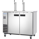 A stainless steel Empura Refrigeration commercial Direct Draw Beer Dispenser with two doors, black handles, dual vertical tap towers, and four caster wheels. The left side features ventilation grilles and the Empura logo.