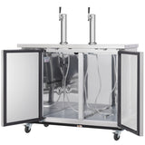 A stainless steel Empura Refrigeration double-tap kegerator with both doors open reveals an empty interior, metal wiring, and tubing. This Direct Draw Beer Dispenser is on four wheels for mobility and features two tap towers for beverage dispensing.