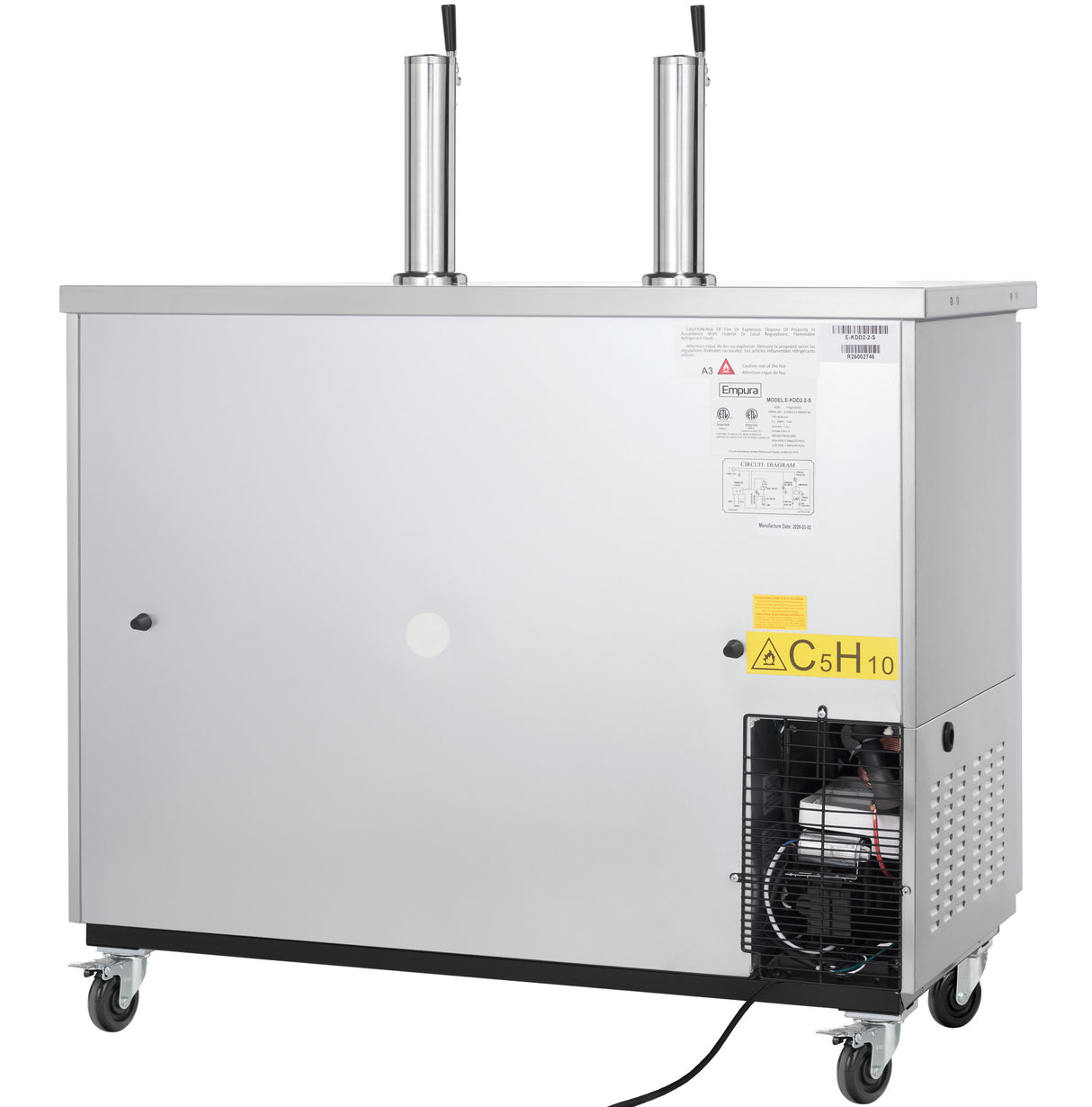 A stainless steel Empura Refrigeration commercial kegerator beer dispenser with two tap towers, ventilation grilles and compressor on the lower right, safety and information labels, and four caster wheels for mobility.