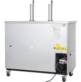 A stainless steel Empura Refrigeration commercial kegerator beer dispenser with two tap towers, ventilation grilles and compressor on the lower right, safety and information labels, and four caster wheels for mobility.