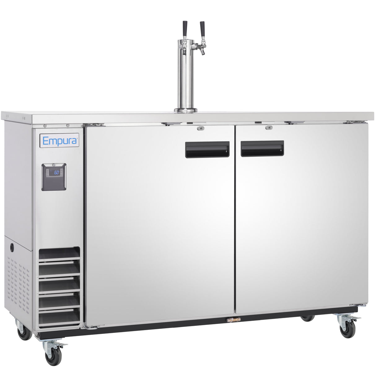 A stainless steel commercial kegerator with a dual tap tower, black handles, digital temperature display, Direct Draw Beer Dispenser on top, ventilation panel on the left, and four caster wheels. The Empura brand is visible on the front.