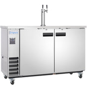 A stainless steel commercial kegerator with a dual tap tower, black handles, digital temperature display, Direct Draw Beer Dispenser on top, ventilation panel on the left, and four caster wheels. The Empura brand is visible on the front.