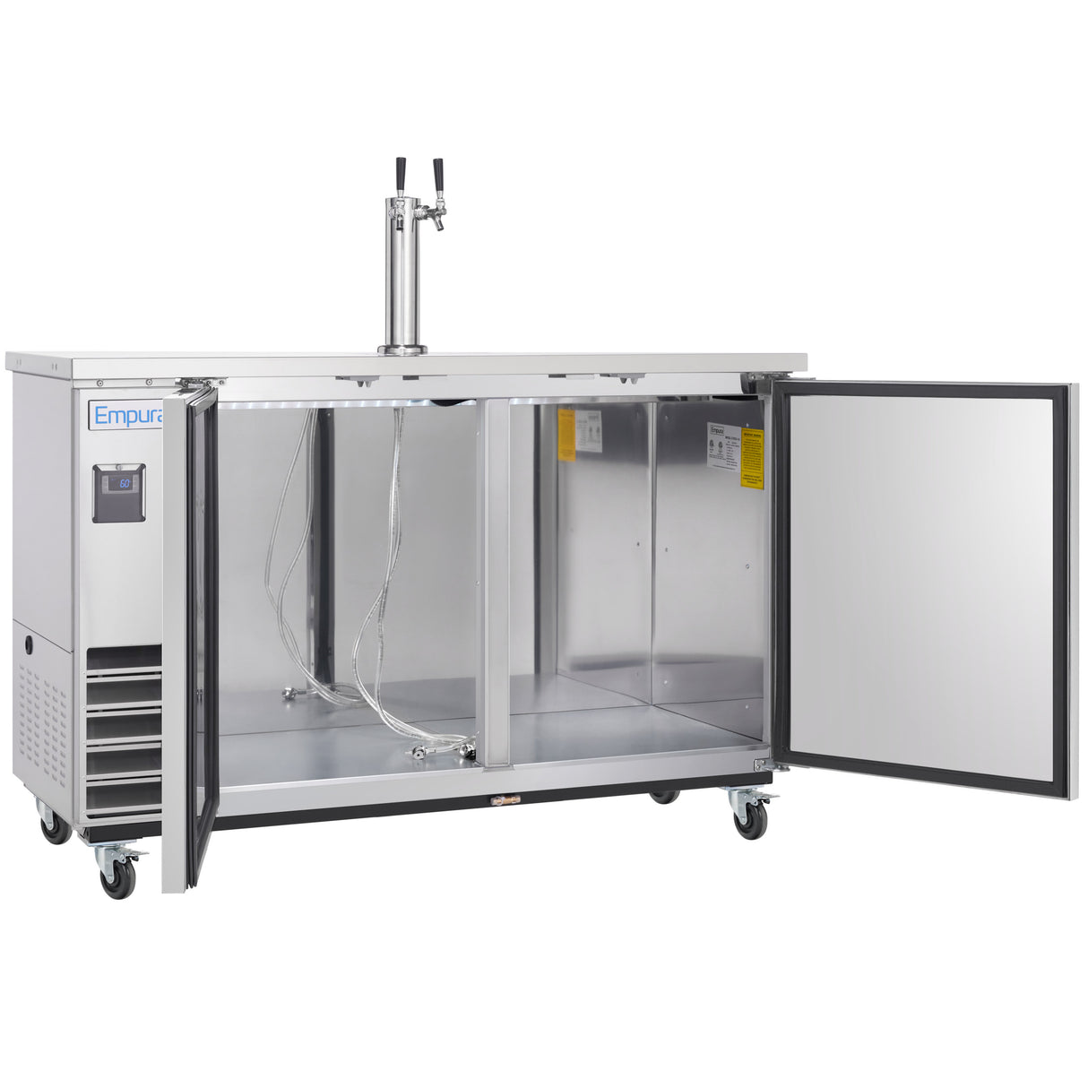 A stainless steel commercial kegerator with a stainless steel exterior and dual tap tower; two doors open to reveal an empty interior with metal walls, hose attachments, and a digital control panel—this Direct Draw Beer Dispenser is on wheels for easy mobility.