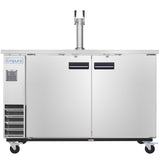 A commercial Direct Draw Beer Dispenser with a stainless steel exterior, dual tap tower, two doors, black handles, ventilation grilles on the lower left, and wheels for mobility. The Empura logo appears on the upper left front panel.