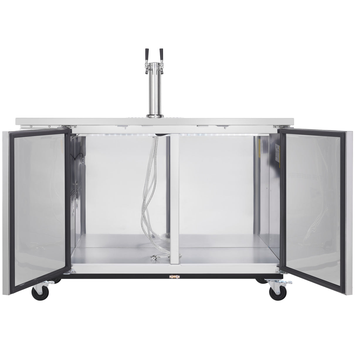 A stainless steel Direct Draw Beer Dispenser kegerator with two open doors revealing an empty interior, tap lines, and a dual tap tower on top. It features four caster wheels and is shown against a white background.