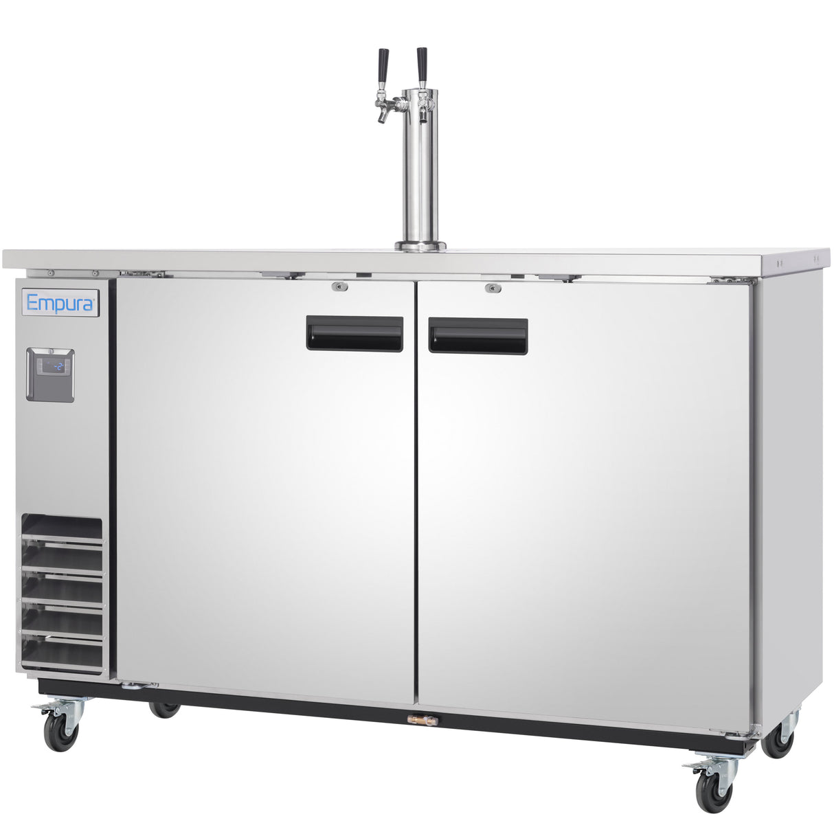 A Direct Draw Beer Dispenser, this stainless steel commercial kegerator features a dual tap tower, two doors with black handles, wheels, ventilation grilles on the left side, a digital display, and an “Empura” label. The reflective surface looks clean and professional.