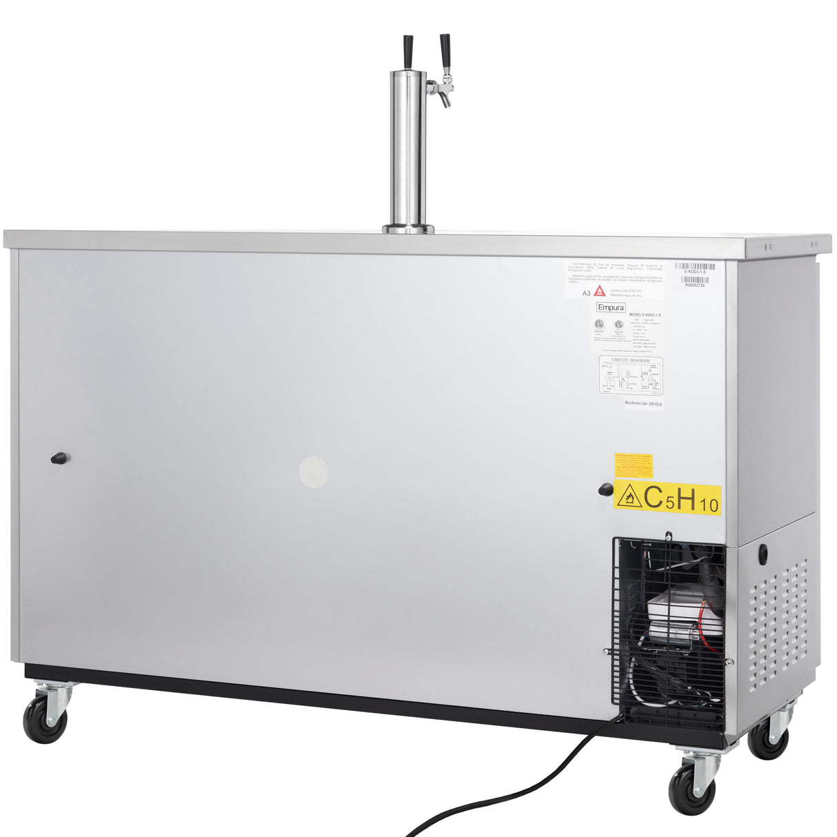 A large stainless steel commercial kegerator on wheels, with a black base and single beer tap on top. The Direct Draw Beer Dispenser features warning labels, ventilation grilles, and an exposed compressor with a power cord at the bottom right.
