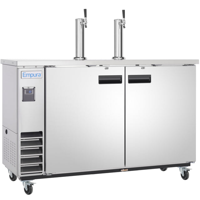 The Empura Refrigeration stainless steel commercial beer kegerator features two doors, dual tap towers, black handles, digital display, ventilation slots, and wheels. This direct draw beer dispenser displays the "Empura" brand on the front left panel.