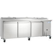 A large commercial stainless steel Pizza Prep Table on wheels with three doors and a top lid, labeled “Empura,” designed for restaurant kitchens. The right section features a vented panel for Empura Refrigeration components.
