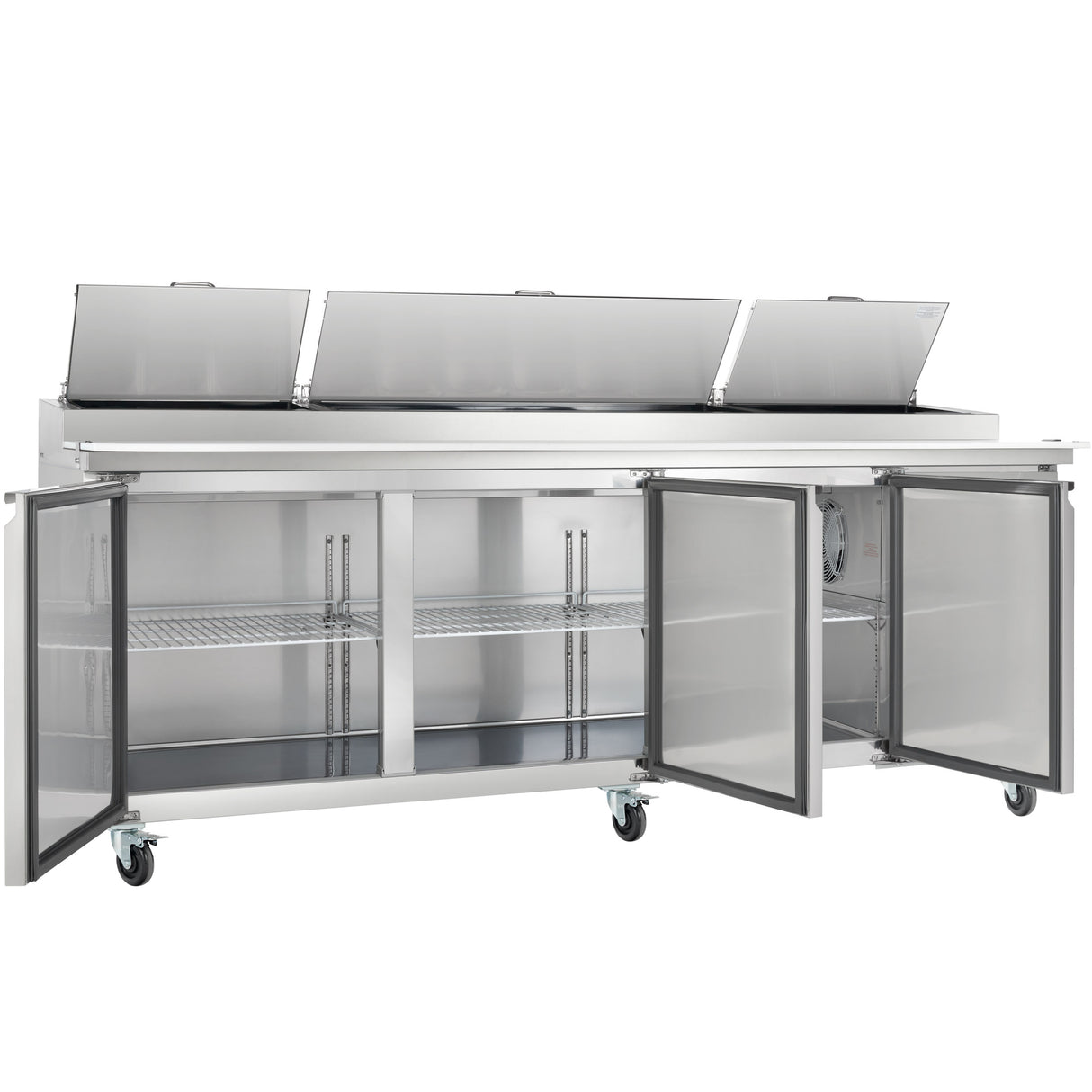 A large Empura Refrigeration stainless steel commercial refrigerator, designed as a Pizza Prep Table, with three top lids open to reveal storage compartments and four bottom doors showing wire shelves. The unit is on wheels for easy mobility and has a clean, industrial design.