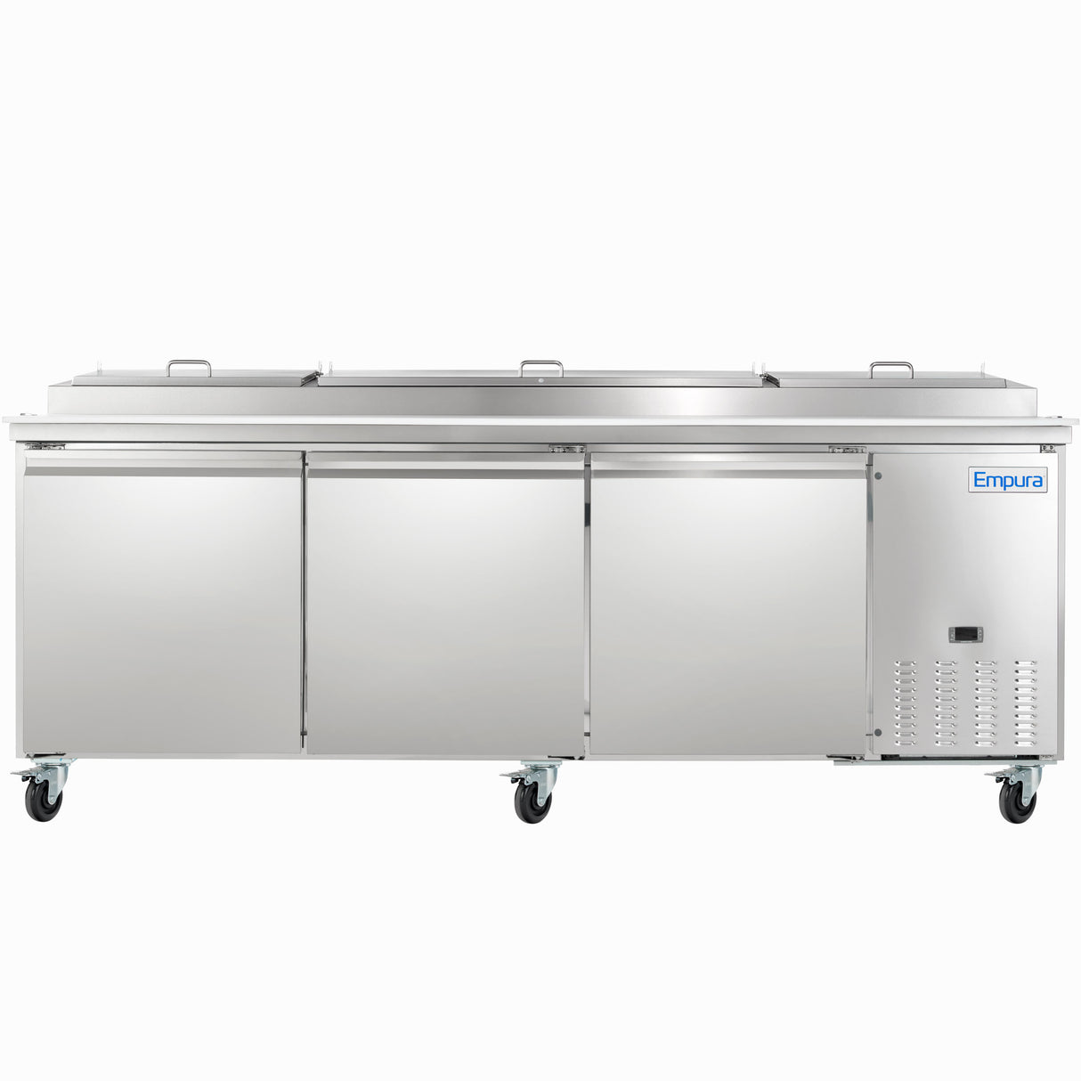 A large, stainless steel Empura Refrigeration unit with three solid doors, flat top, and four wheels. The right-side ventilation panel and durable design make it ideal as a restaurant refrigerator or pizza prep table.