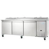 A large, stainless steel Empura Refrigeration commercial refrigerator with three doors, a flat top, and four wheels. Features top handles, right-side vents, and the Empura name above the vent—ideal as a pizza prep table in busy kitchens.