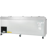 A large, rectangular Empura Refrigeration commercial freezer with a stainless steel exterior, black vents and controls on the left side, four caster wheels, and caution labels. The flat lid features handles spaced along the top edge.